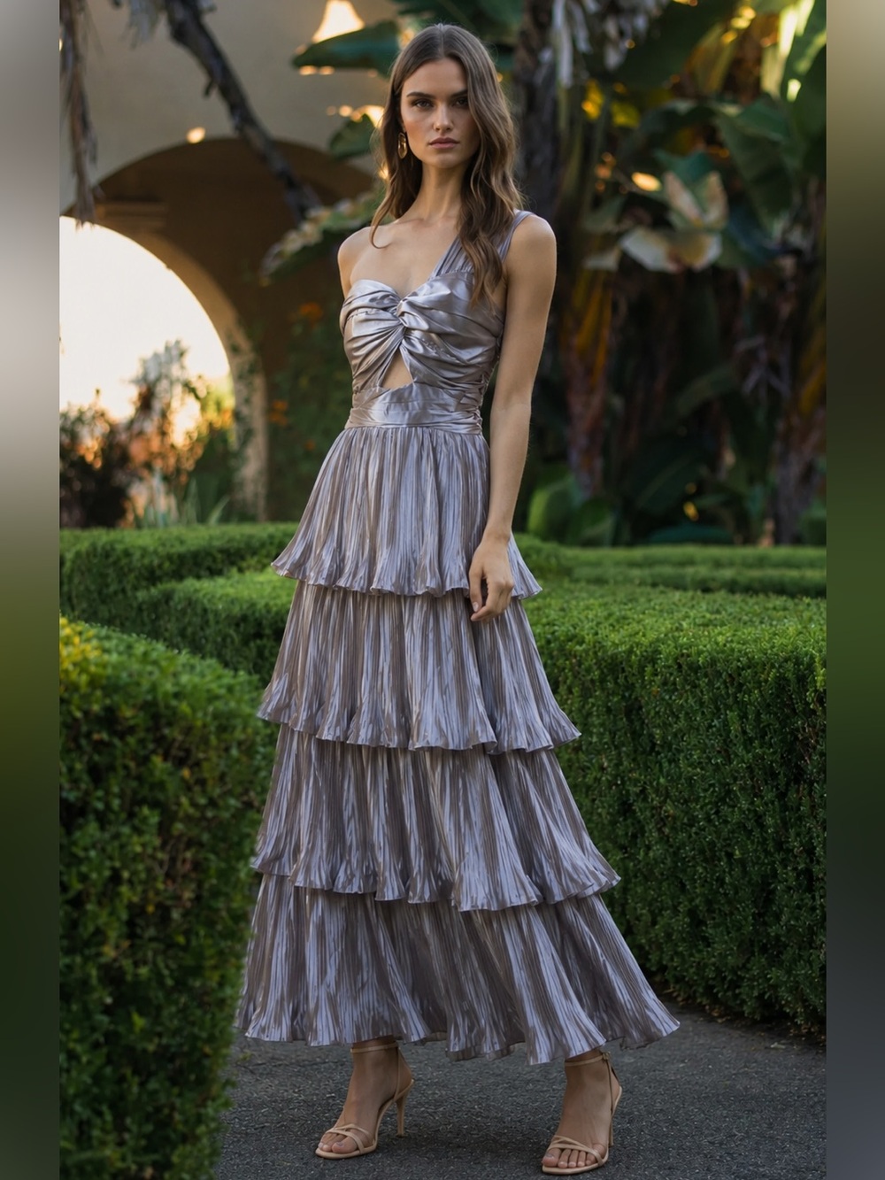Metallic Silver One Shoulder Cutout Tiered Ruffle Maxi Just Me New Dress L